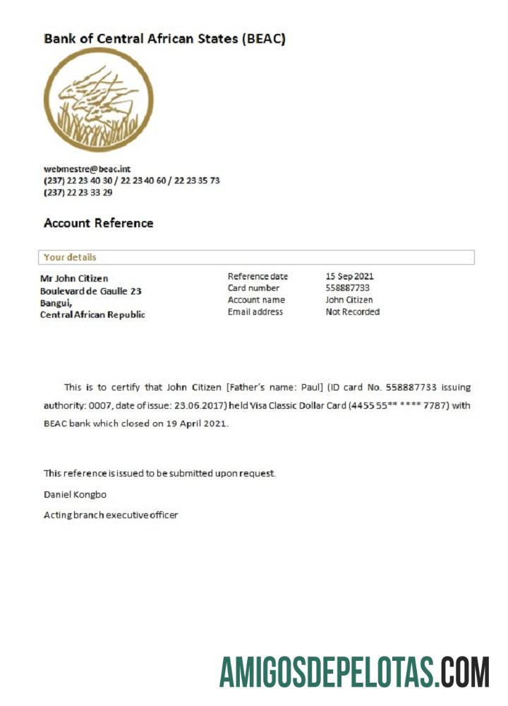 Referência de encerramento do Banco dos Estados da África Central da República Centro-Africana baixar para verificação